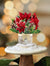 Poinsettia and pinecone bouquet with a cardinal in a white birch stump pop card on a pedestal.