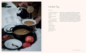 Recipe from inside Alpenglow called "Chestnut Soup" with full list of ingredients. Pictured is soup prepared in pan and served in bowl. 