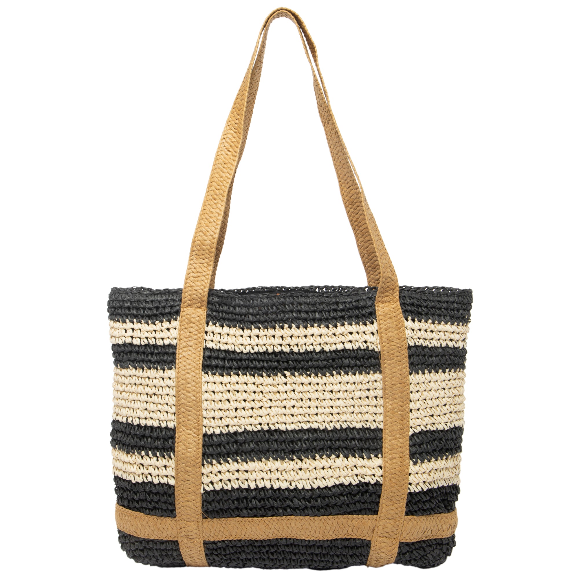 Oversized day tote bag in black, cream, and tan with strap for holding hat. Straw hat. Market tote.