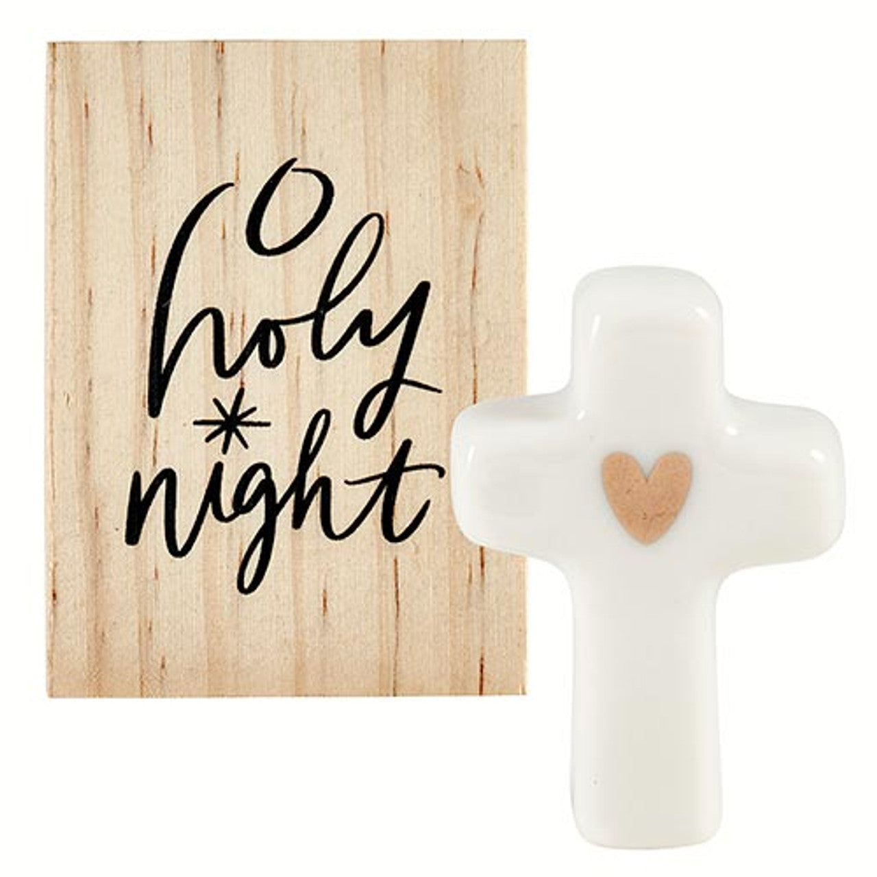 White ceramic cross with gold heart. Pine wood gift box included. 