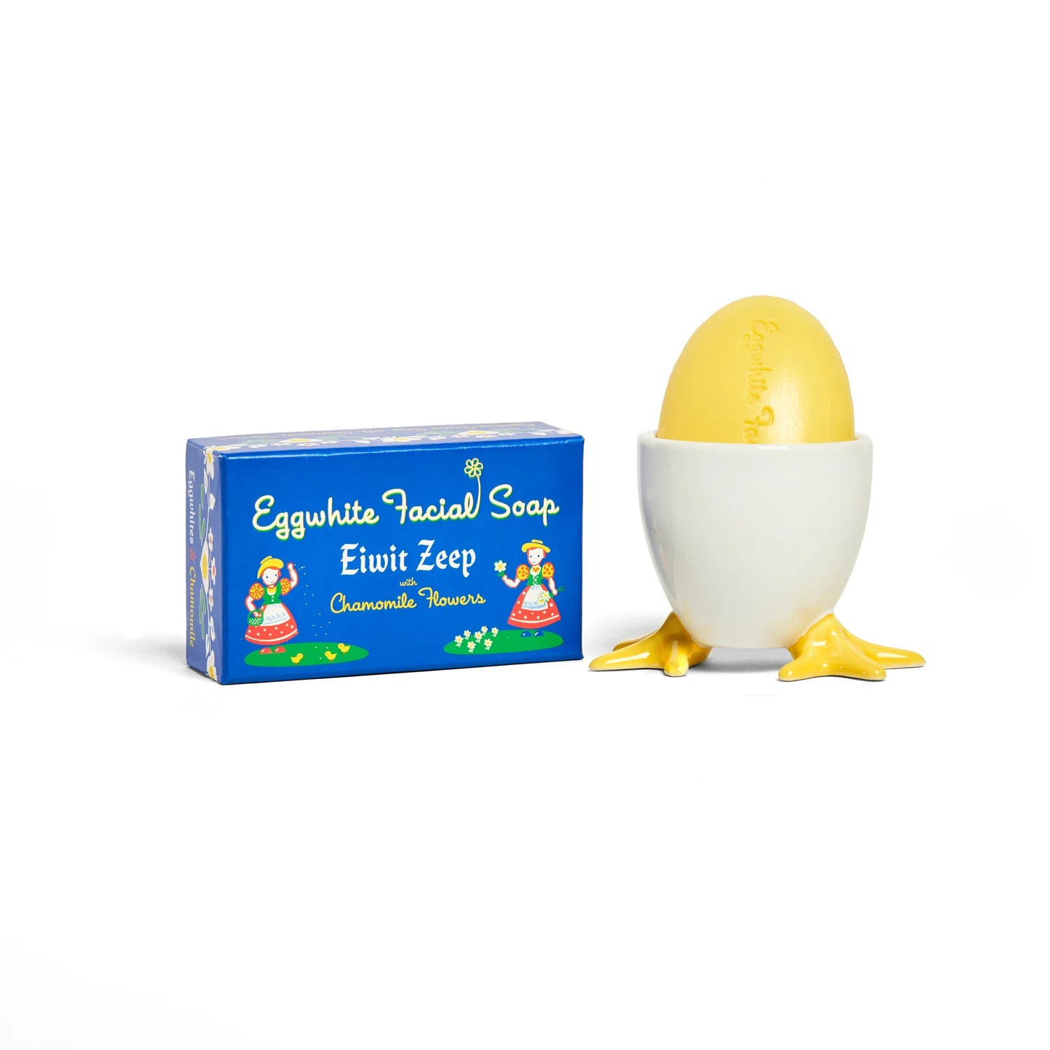 Sunny side up egg cup bar soap holder with eggewhite & chamomile soap displayed. 