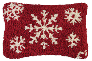 Hand hooked 8x12" wool pillow with white snowflakes on red background. Chandler 4 Corners. Sundance. 