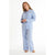 Female modeling French Blue solid linen two piece pajama set. Linen Sleepwear. Boyfriend style fit. 