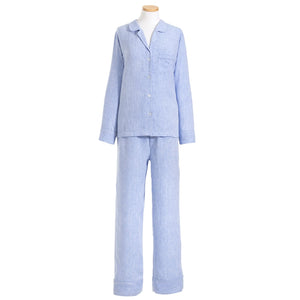 Mannequin with solid linen two piece pajama set in French Blue color. Annie Selke. 