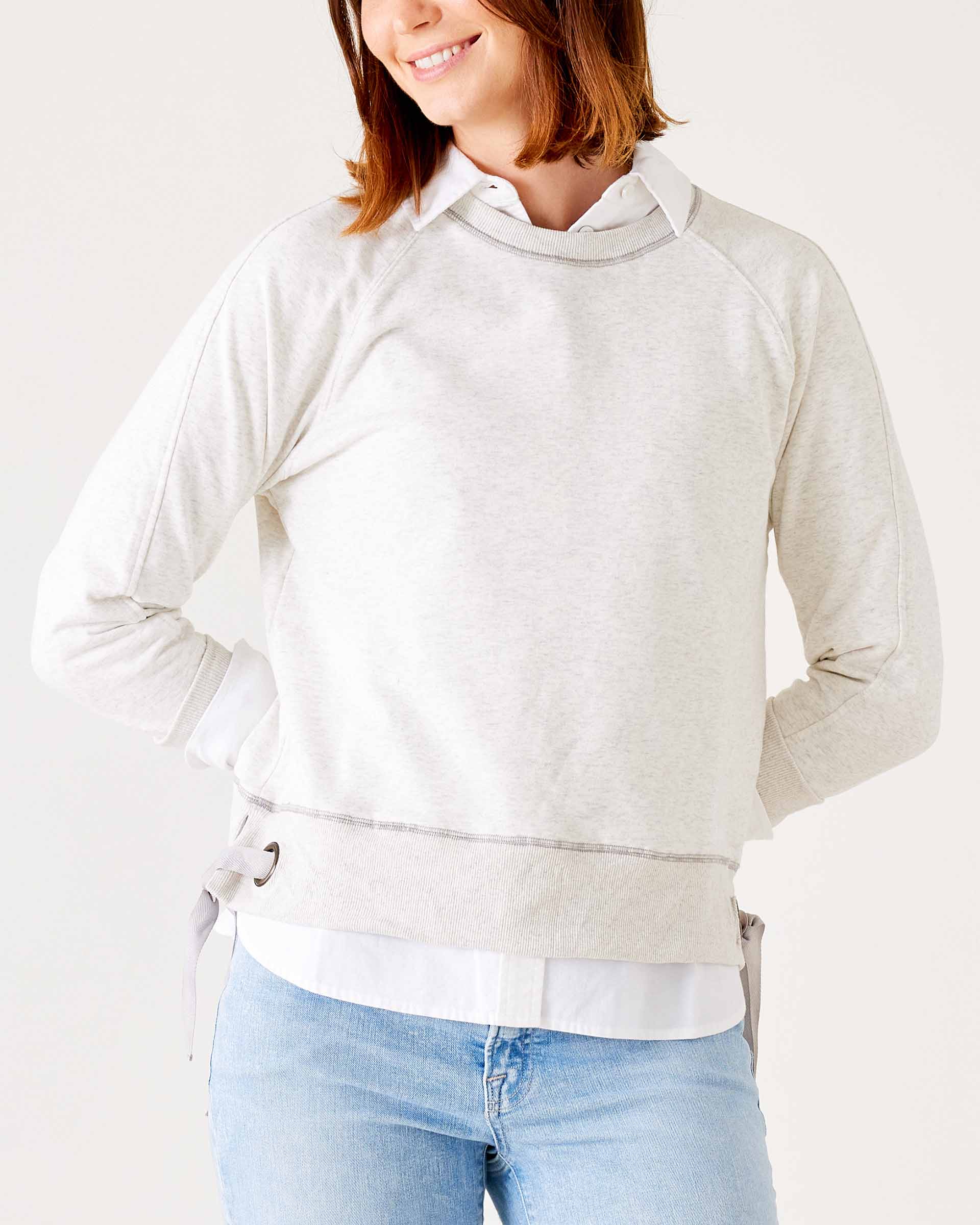 Ash grey french terry side bow tie sweatshirt. Mersea. 