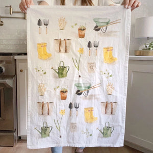 Full display of Gardening watercolor tea towel from Emily Lex Studios. 