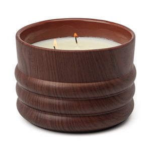 Twelve ounce wood grain Bergamot Mahogany scented candle. Paddywax. 