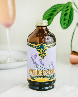 Amber glass bottle of organic small batch fresh Lavender Syrup. Portland Syrups. 