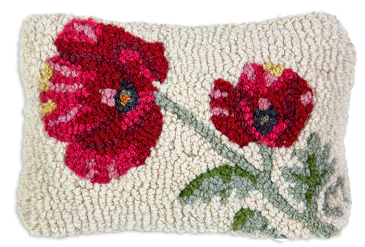 Hand hooked wool Poppy flower pillow in 8x12 inches. Chandler 4 Corners. 