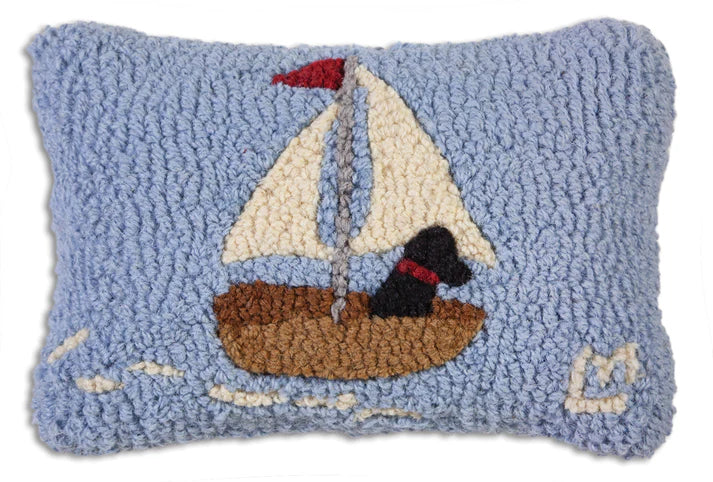 Skiff sailing lab on light blue wool pillow. Chandler 4 Corners.