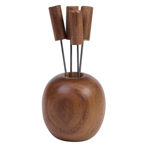 Round acacia wood appetizer pick holder with four individual stainless steel picks. 