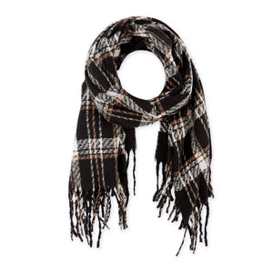 Black, white, and gold scarf with a fringe.