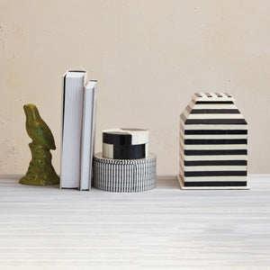 black and white dotted round decorative box displayed alongside other black and white themed decorative boxes. Home decor. Trinket box. 