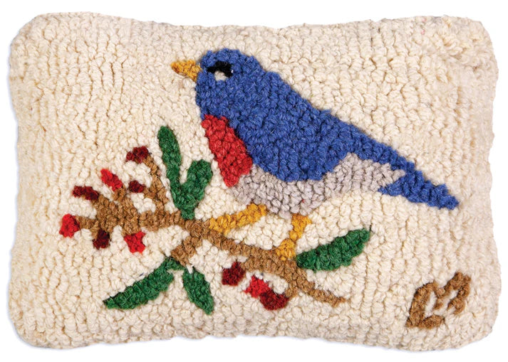 Bluebird and berries wool hooked 8x12 pillow. Chandler 4 Corners. 