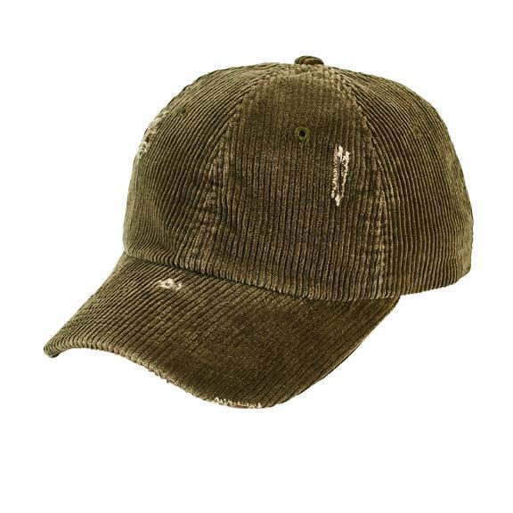 Brown distressed corduroy ball cap. 