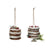 Two glass cake ornaments, one with a gingerbread house, and one with greenery on a pedestal.