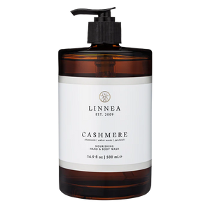 Amber Linnea soap dispenser with white Cashmere label.