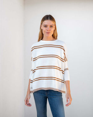 classic cotton oversized sweater in white and tobacco brown stripe. Mersea. 