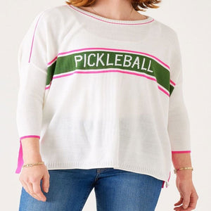 Classic cotton oversized sweater in white, retro green, and pink stripe. "Pickleball" motto across front. Mersea. 