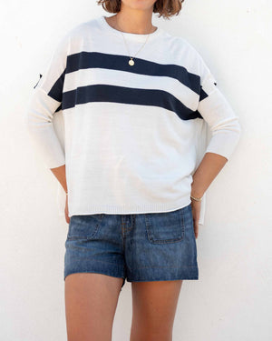 Classic cotton oversized sweater in navy and white stripes. Mersea. 