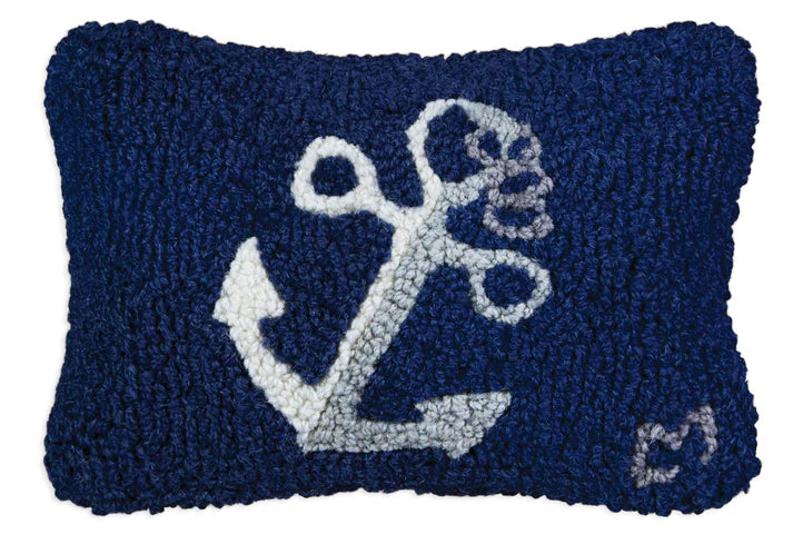 Navy blue hooked wool pillow with classic white and grey sea anchor. Chandler 4 Corners. 