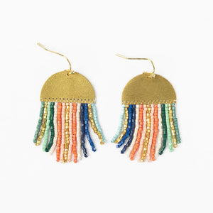 short curved brass beaded fringe earrings in multicolored emerald.