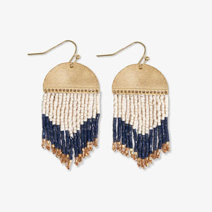short curved brass beaded fringe earrings in navy, white, and gold. 