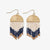 short curved brass beaded fringe earrings in navy, white, and gold. 