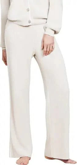 Full front view of contrast ribbed slit pants. Barefoot Dreams. 