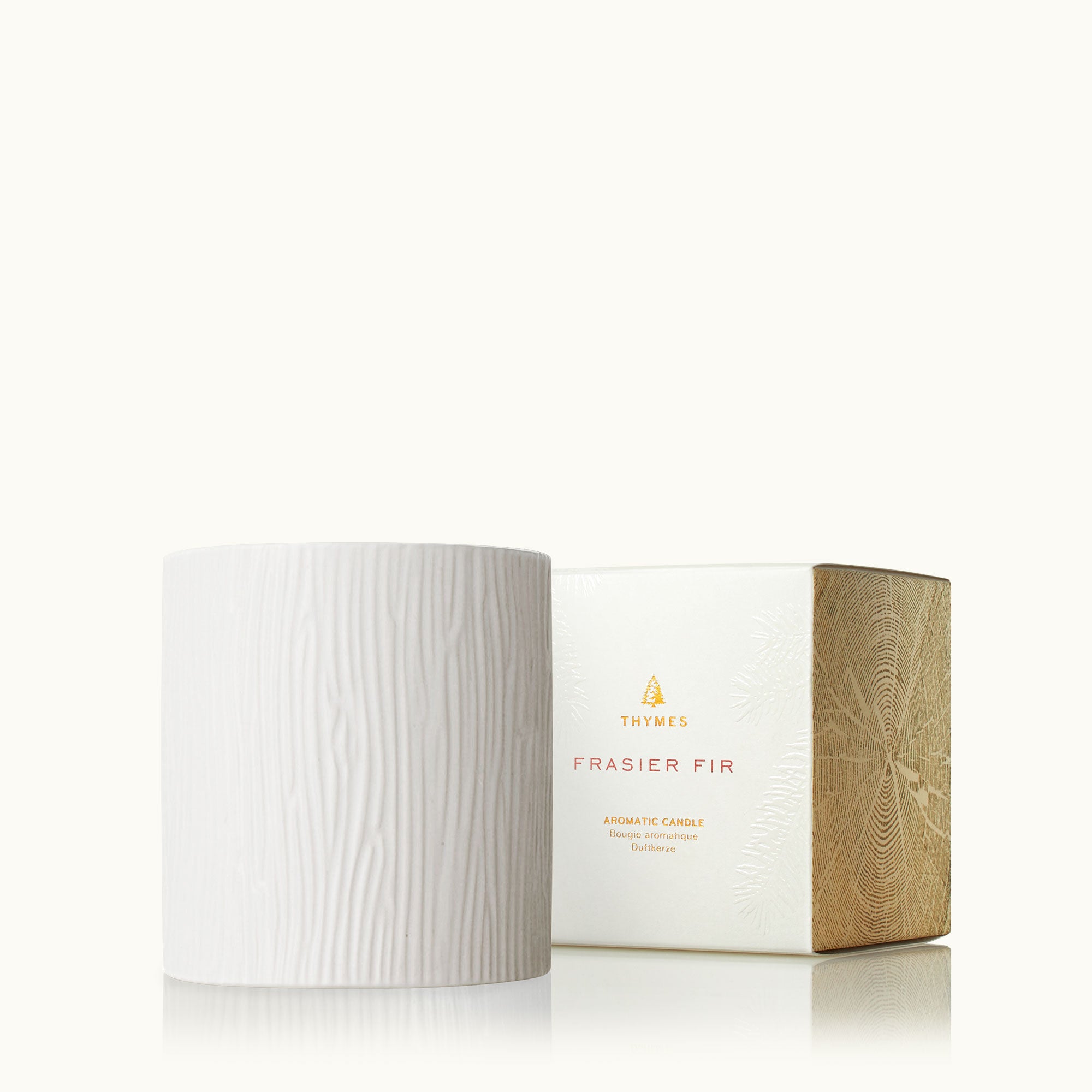 Frasier Fir white ceramic candle. Wood grain gilded design. Thymes. Holiday candles. 