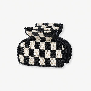 Mini black and white checkered beaded hair claw. Hand made in India. Ink & Alloy. 