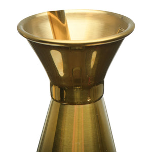Spout view of Stainless steel oil or vinegar cruet in gold finish. Kitchen decor. 
