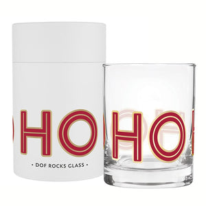 Double on the Rocks glass with HOHOHO design. Comes with white travel gift case. Holiday drinkware. 