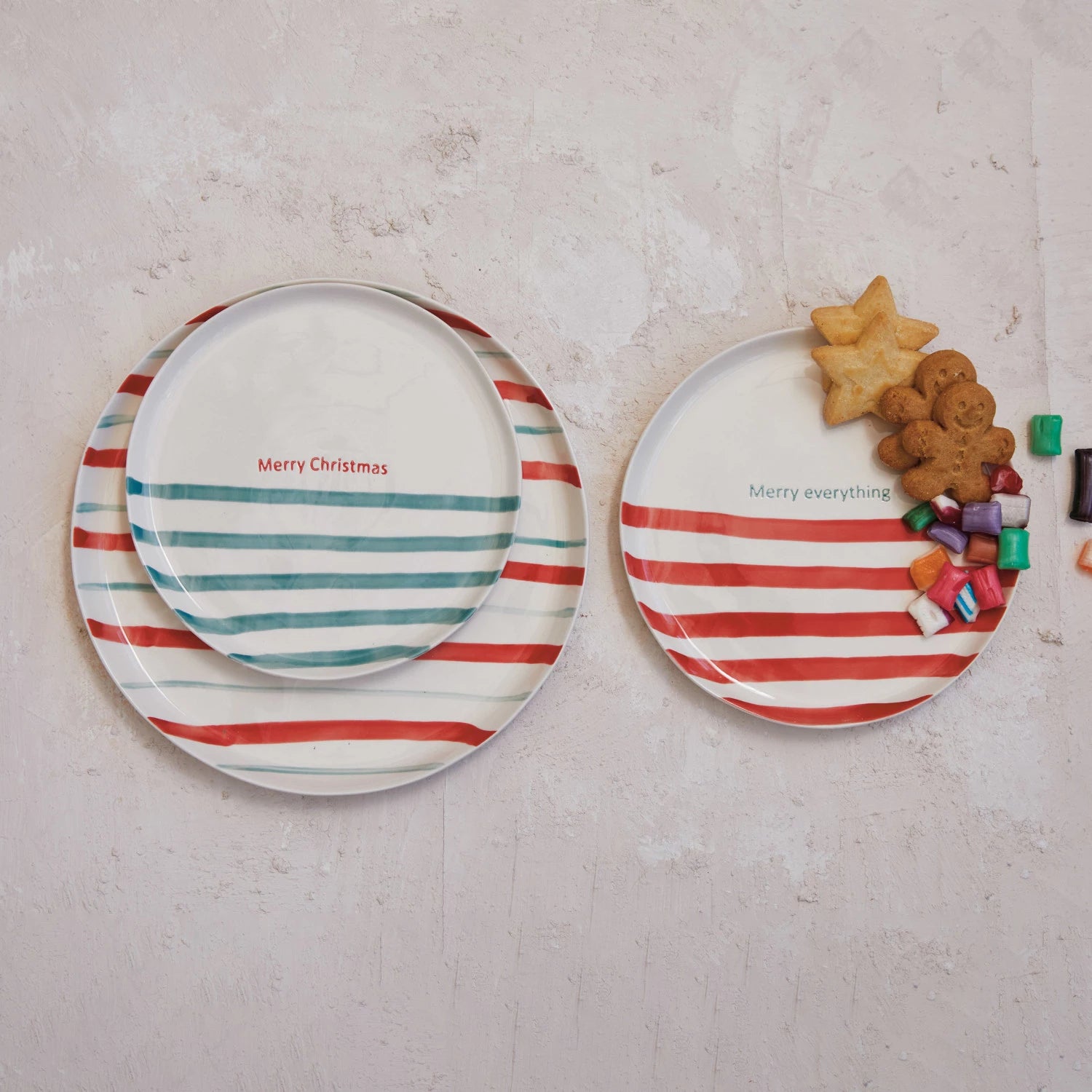 Holiday collection of striped green and red plates. Comes in two variations: "Merry Christmas" or "Merry Everything"