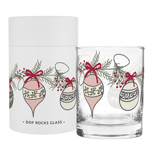 Double on the rocks holiday glass with white travel gift case. Glass has a holiday ornament design.