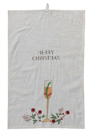 Merry Christmas cotton slub tea towel. Holiday. 