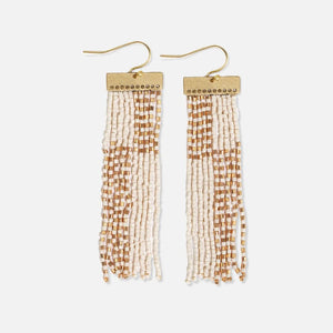 rectangle brass bar beaded fringe earrings in ivory & gold. 