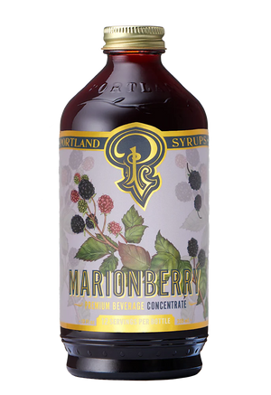 the marionberry syrup bottle with a purple and gold label.