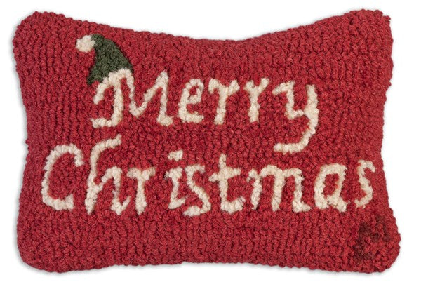 Hooked wool Merry Christmas pillow in red, white, and green