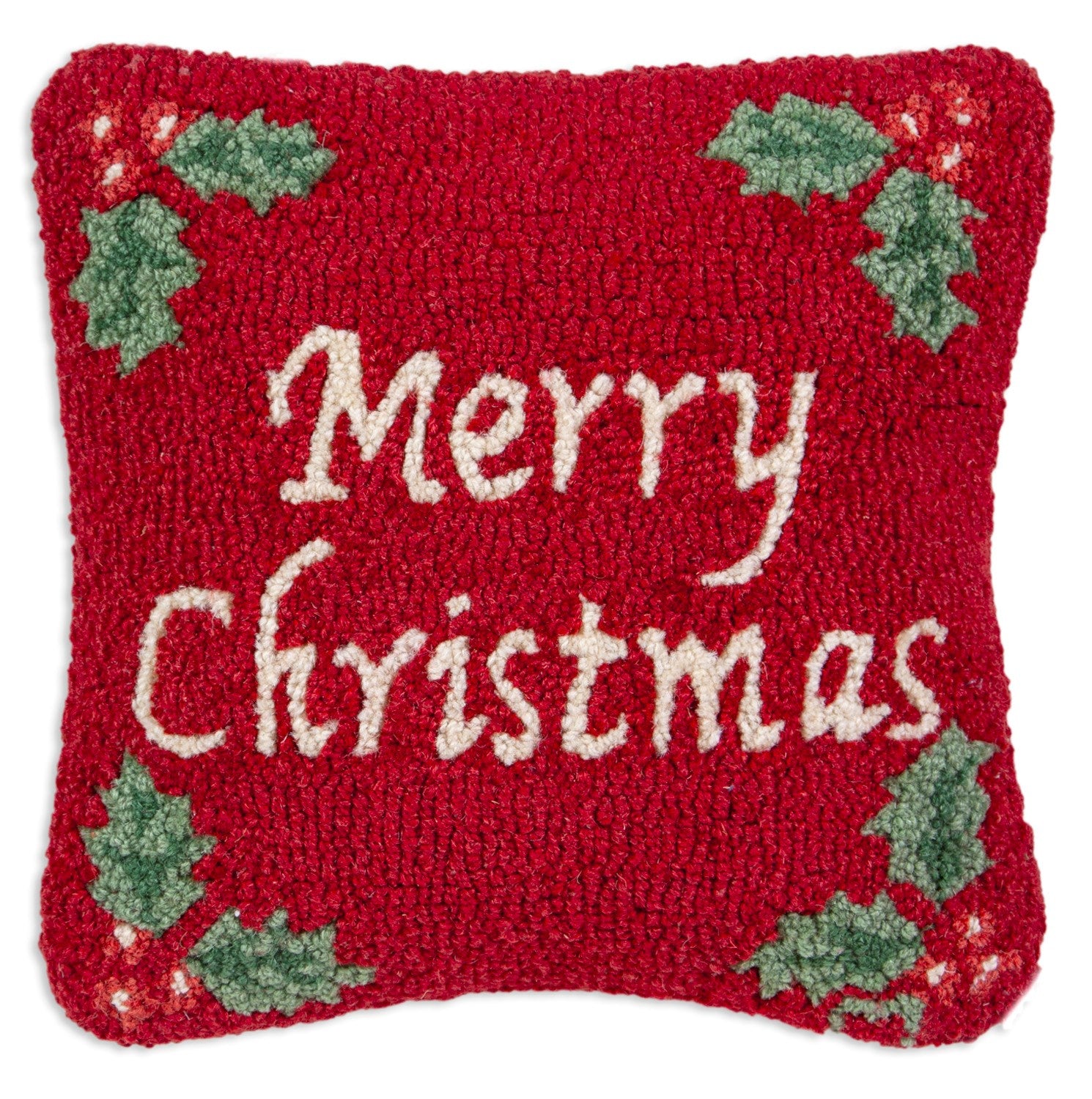 Hand Hooked wool "Merry Christmas" pillow with holly detail. Chandler 4 Corners. Sundance catalog. 