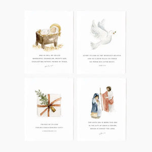 Four notecards with watercolor illustrations and scripture for the Christmas season.