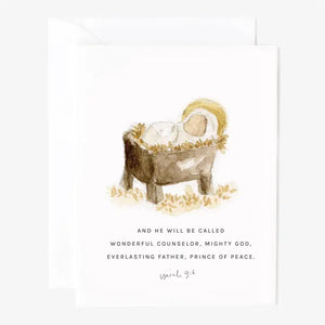 Notecard and envelope with Jesus in a manger with Micah 9:6