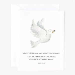 Notecard and envelope with a dove and Luke 2:14