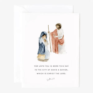 Notecard and envelope with Mary, Joseph, and Jesus and Luke 2:11