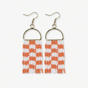 Orange checkered beaded fringe earrings with gold brass arch