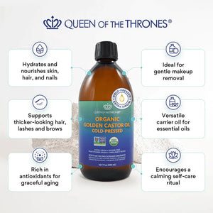 USDA certified organic cold pressed extra virgin castor oil. Health and beauty. Wholistic and natural wellness. Queen of Thrones. 