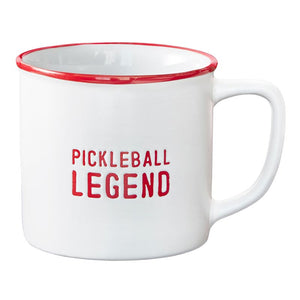 White mug with red rim and "Pickleball Legend" red lettering.