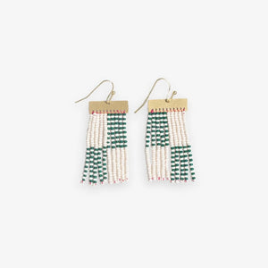 rectangle striped green and white beaded fringe earrings. 