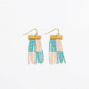 rectangle striped turquoise and white beaded fringe earrings. 