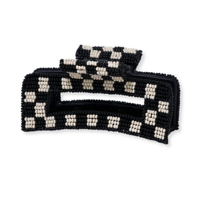 retro glass beaded black and white checkered hair claw